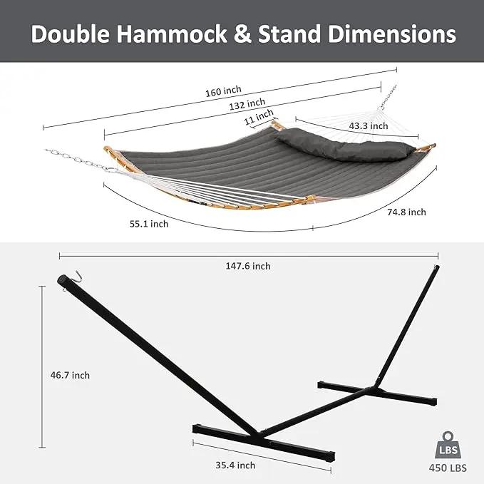 SUNCREAT Double Portable Hammock with Stand, 2 Person Hammock with Curved Spreader Bar, Balance Ropes Included, Dark Gray by GreenHaven Gardens