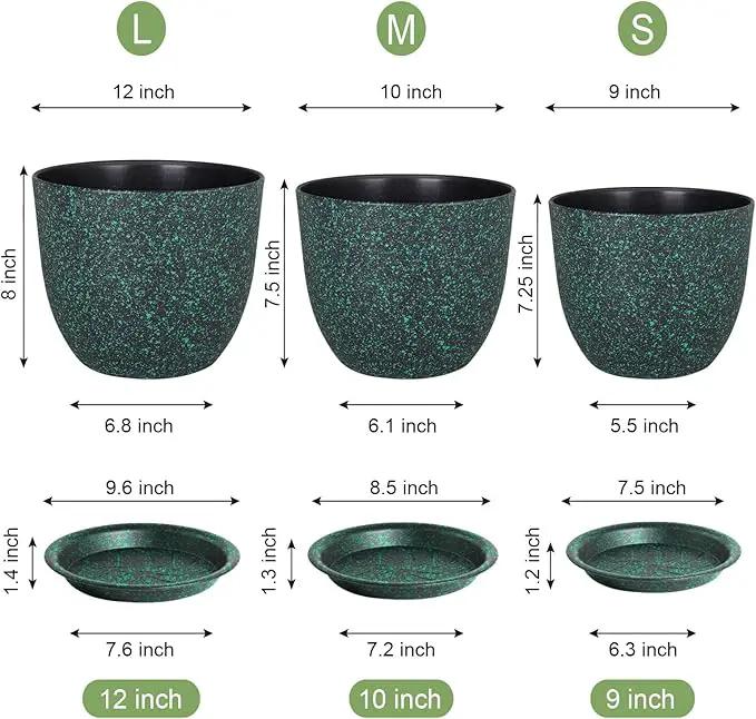 Large Flower Pots 12/10/9 inch, Set of 3 Decorative Plastic Planters with Drainage Holes and Saucers for Garden House Plants, Plant Pots for Indoor Outdoor Plants, Black with Green Speckles by GreenHaven Gardens