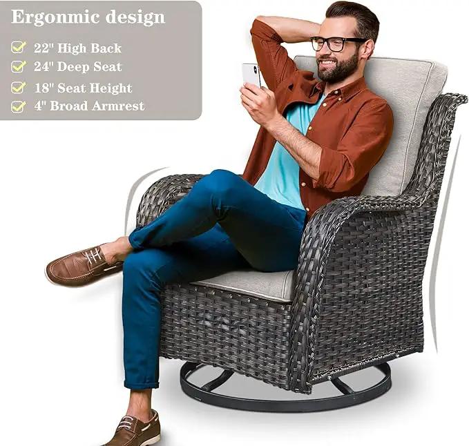 Wicker Patio Furniture Sets - 8 Piece Outdoor Rattan Furniture Conversation Sets with 4 Swivel Rocker Chairs, Rattan Sofa, Wicker Ottomans and Coffee Table, Brown/Beige by GreenHaven Gardens