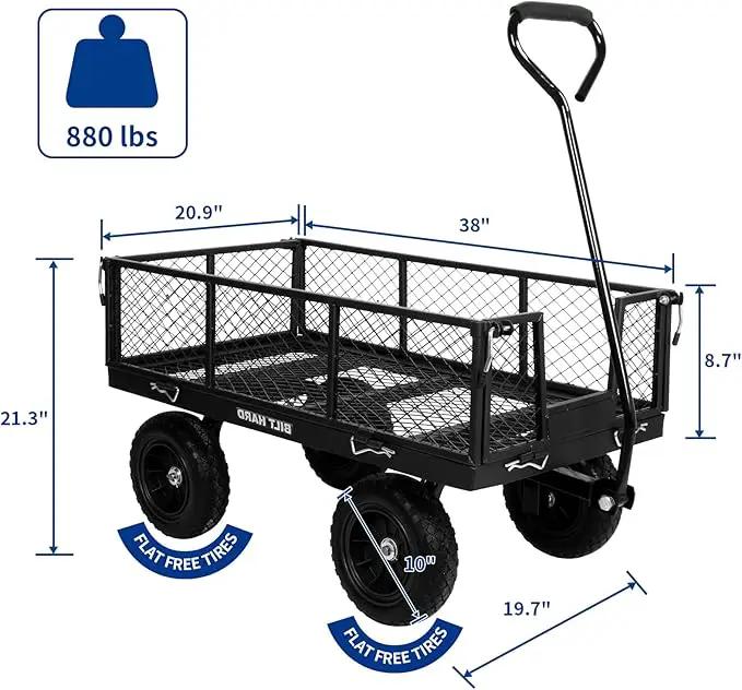 BILT HARD 880 lbs 10" Flat Free Tires Steel Garden Cart with 180° Rotating Handle and Removable Sides, Heavy Duty 4 Cu.Ft Capacity Utility Garden Carts and Wagons, Black by GreenHaven Gardens