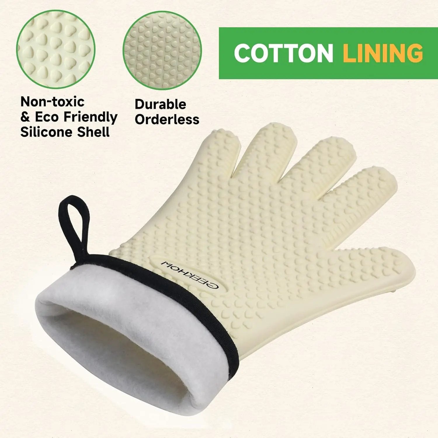 GEEKHOM BBQ Gloves Heat Resistant Oven Mitts - Silicone Grilling Gloves with 14" Long Arm Protection - Waterproof Pot Holder Non-Slip for Men & Women, Kitchen Cooking, Baking, Camping, Beige by GreenHaven Gardens