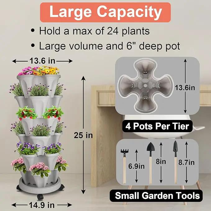 Vertical Planter 6 Tier Stackable Planters Garden Planters Strawberry Herb Flower and Vegetable Planter Indoor Outdoor Gardening Pots with Removable Wheels and Tools 2-Pack by GreenHaven Gardens