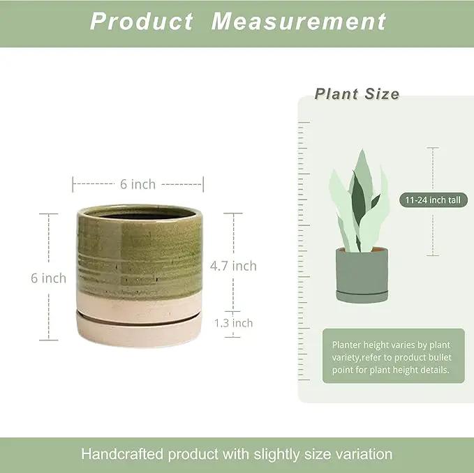 6 Inch Plant Pots, Ceramic Planter Pot with Drainage Hole & Saucer, Indoor/Outdoor Cylinder Round Planter Pot, Green & Beige by GreenHaven Gardens