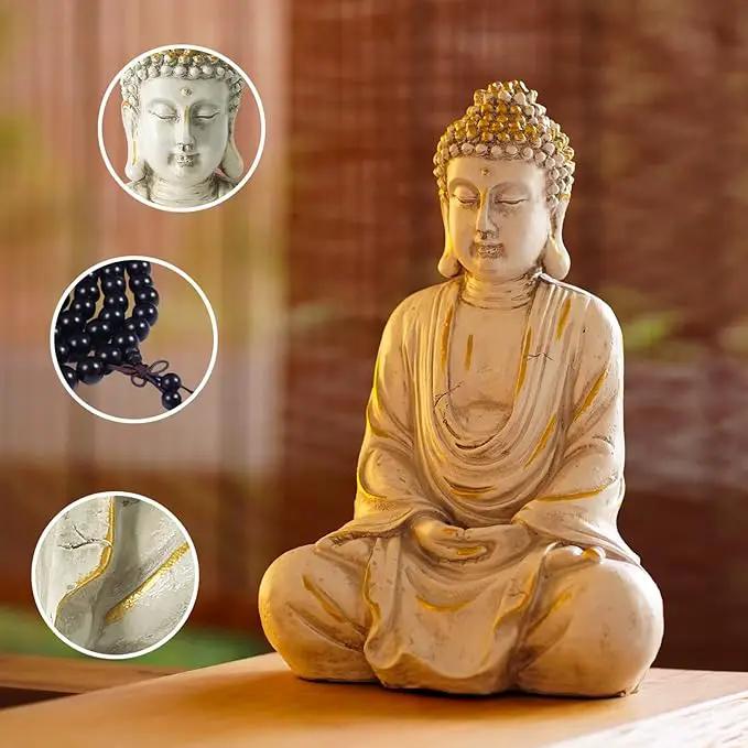 Goodeco 11.4 Meditating Zen Buddha Statue Figurine Sculpture - Indoor/Outdoor Decor for Home,Garden,with Natural Wood Beaded Necklace,Polyresin (White) by GreenHaven Gardens