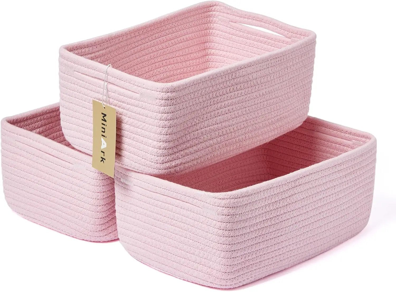 Small Storage Baskets for Organizing | Closet Organizer Bins | Shelf Toy Basket | Woven Rope Baskets | Cube Decorative Box | Shallow Basket | 13x8.5x5.1” | 3 Packs Pink by GreenHaven Gardens