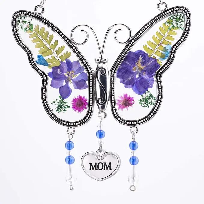 Laraine Butterfly Suncatcher with Pressed Flower Wings Mom Mother's Day Butterfly Glass Wind Chime Ornament Charm with Metal Heart Gifts for Mom Grandma Birthday (Purple Mom (with Free Hook)) by GreenHaven Gardens