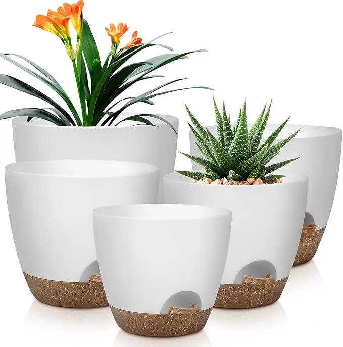 Plant Pots 10/9/8/7.5/7 Inch Self Watering Pots, Set of 5 Plastic Planters with Drainage Holes and Saucers,Plastic Flower Pots,Nursery Planting Pot for Indoor Out Door Plants（White） by GreenHaven Gardens