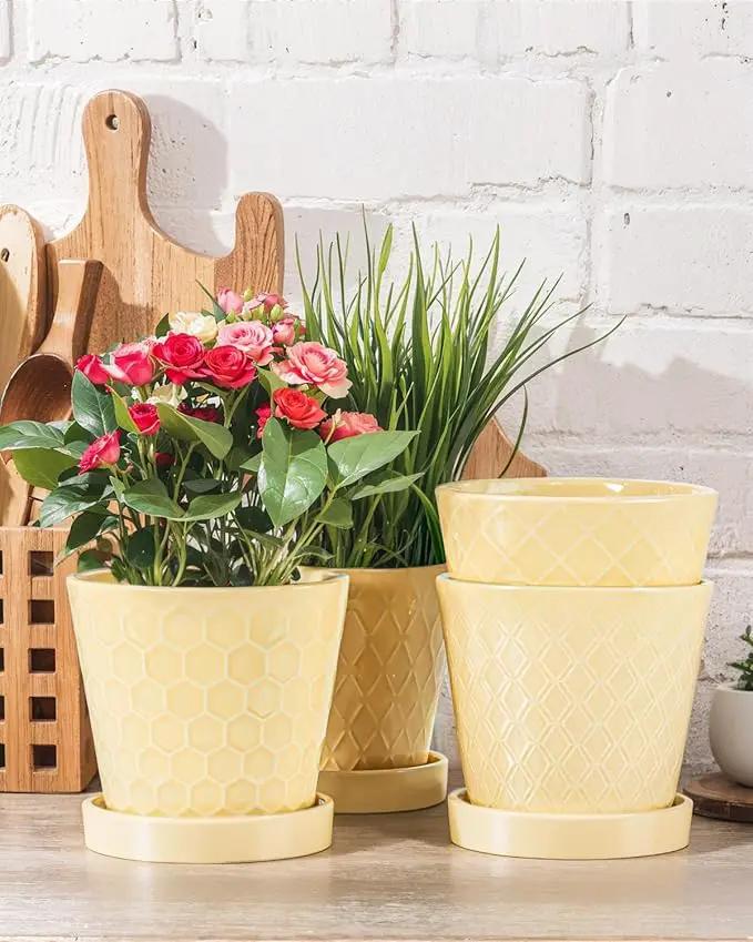 Ceramic Plant Pots –5 inch Indoor Flower Pot with Drainage Hole and Ceramic Tray - Gardening Home Desktop Office Windowsill Decoration Gift, Set of 4-Plants NOT Included(Yellow) by GreenHaven Gardens
