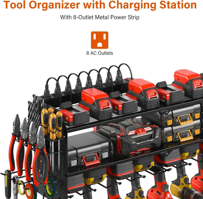 JUNNUJ Large Pegboard Power Tool Organizer with Charging Station, 8 Drills Driver and Tools Battery Holder Wall Mount with 8 Outlet 10 FT Power Strip, Black 3-Layer Shop Garage Storage Utility Rack by GreenHaven Gardens
