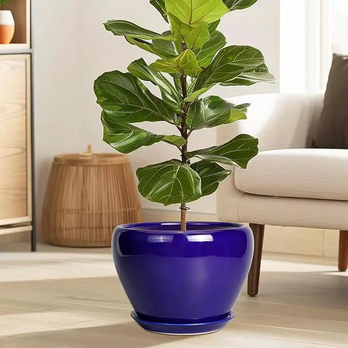 Ceramic Planter 10 Inch - Indoor Plant Pot for Plants with Drainage Hole and Saucer Large Planter Round Outdoor Flower Pot Mid-Century for House Patio Decor Blue by GreenHaven Gardens