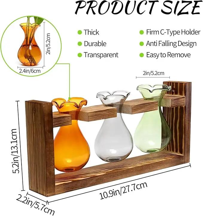Plant Propagation Station Plant Terrarium Unique Birthday Gifts for Women Plant Lovers Home Office Decor Planter with Wooden Stand - 3 Bulb Glass Vase by GreenHaven Gardens