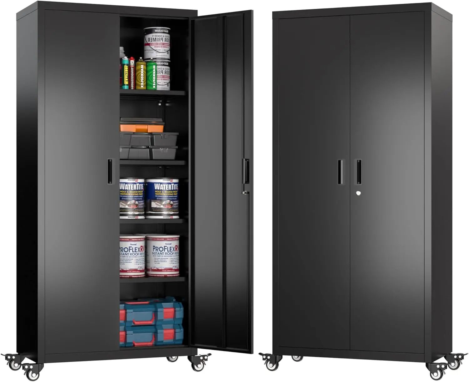73" H Metal Garage Storage Cabinet with Wheels,Rolling Tool Storage Cabinet with 2 Doors and 4 Adjustable Shelves for Garage,Home,Office,Warehouse,Workshop, Required-Assembly,Black by GreenHaven Gardens