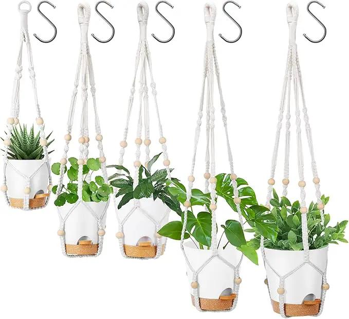 GARDIFE Hanging Planters for Indoor Plants,5Pcs Hanging Basket for Indoor Boho Home Decor,Macrame Plant Hanger,35 Inches,29Inch,23Inch, Ivory,Self Watering Planters, 7/6.5/6/5.5/5 Inch,White&White by GreenHaven Gardens