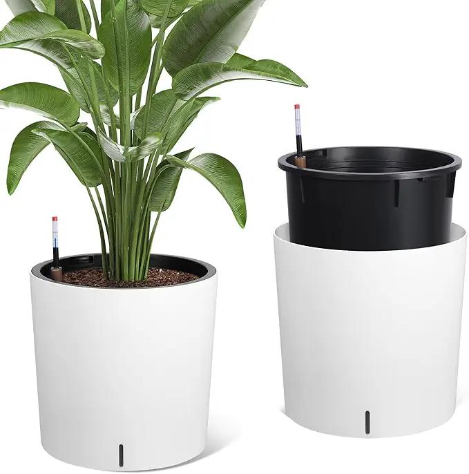 Tall Round Planter Set of 2, 19.5‘’ H x 19.9" Dia Large Planters for Indoor Plants with Built-in Drainage and a Water Level Monitor and Wheels for Patio, Porch, Living Room, or Home Office, White by GreenHaven Gardens