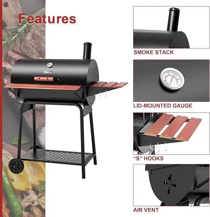 Royal Gourmet CC1830V 30 Barrel Charcoal Grill with Wood-Painted Side Front Table, 627 Square Inches Cooking Space, for Outdoor Backyard, Patio and Parties, Black by GreenHaven Gardens
