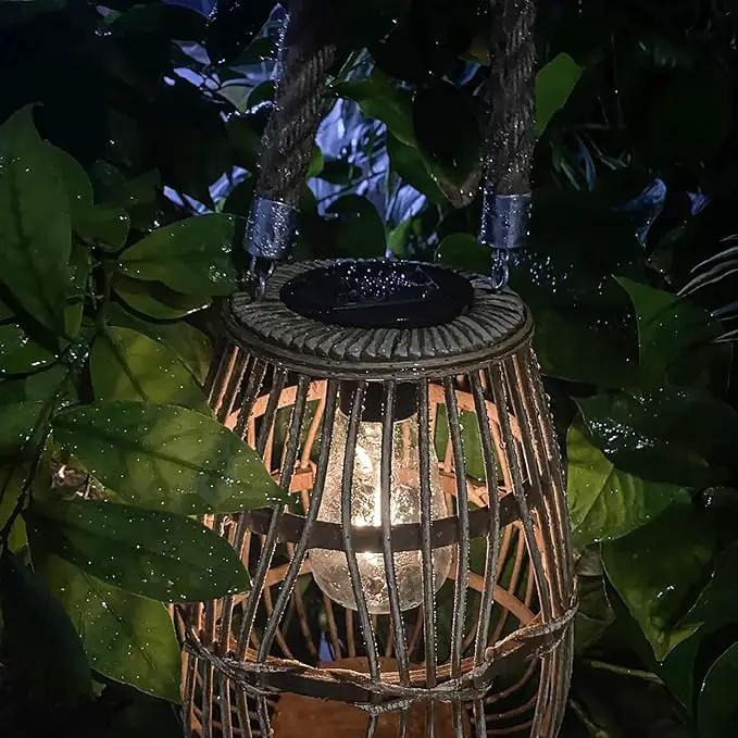 pearlstar Outdoor Solar Lanterns Light Rattan Natural Lantern with Handle for Hanging or Table Lamp for Patio Yard Garden Wedding Home Decoration, Edison Bulb, Auto on/Off(Style 1) by GreenHaven Gardens