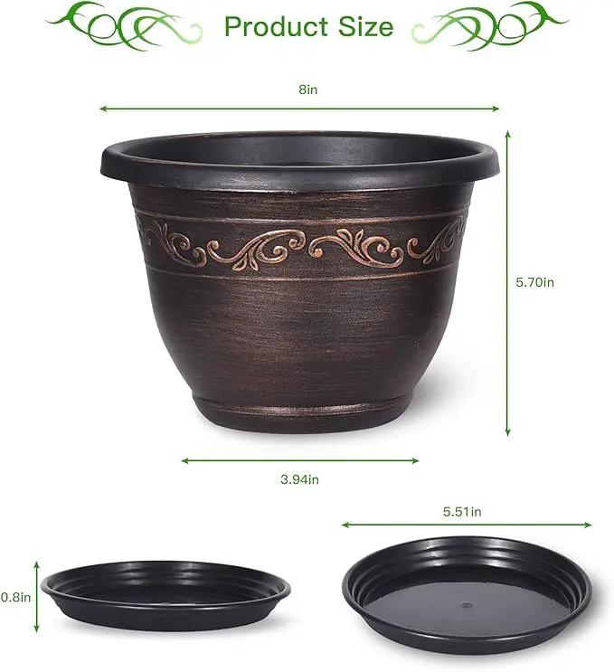 Plastic-Plant-Flower-Planters-8 Inch with Drainage Hole & Saucer, 6 Packs Lightweight Small Resin Flower Pot Indoor Outdoor, Retro Antique Imitation Decorative Garden Containers Sets for Houseplants by GreenHaven Gardens