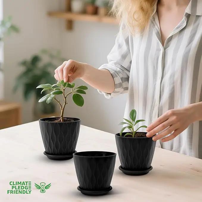 4 inch Plant Pots, 5 Pack Flower Pots Outdoor Indoor, Planters with Drainage Holes and Tray Saucers(Black) by GreenHaven Gardens