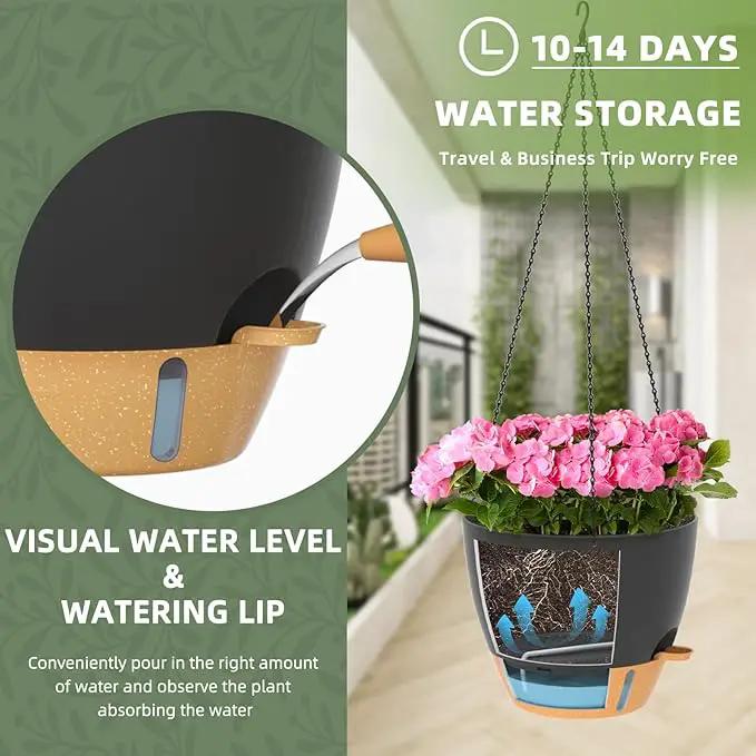 ZMTECH 12 Inch Hanging Planters for Indoor Outdoor Plants, 2 Pack Self Watering Hanging Plant Pots with Drainage Hole, Visual Reservoir, Plastic Flower Hanging Pots with Watering Lip (Black) by GreenHaven Gardens