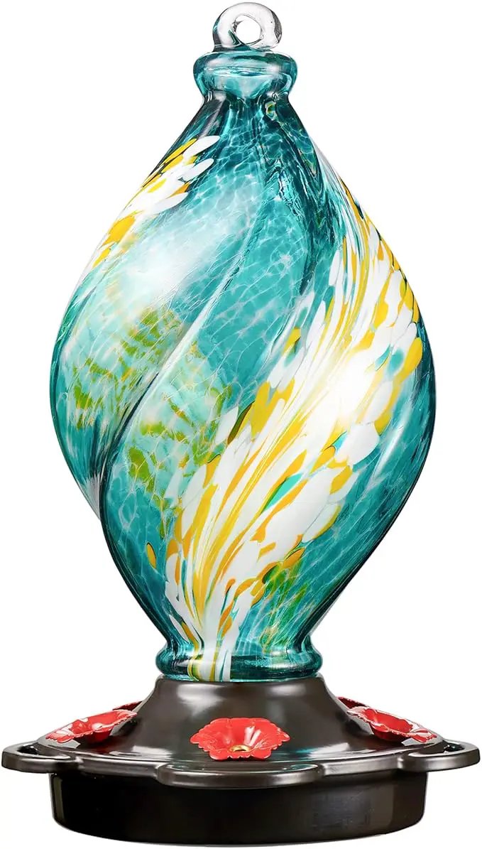 LUJII Ice Cream Shaped Spiral Hummingbird Feeder for Outdoors Hanging, Hand Blown Glass, 28 fl.oz, Leak Proof & Rustproof, Includes an Ant Moat with Hook, Unique & Stylish Glass Art & Decor (Teal) by GreenHaven Gardens