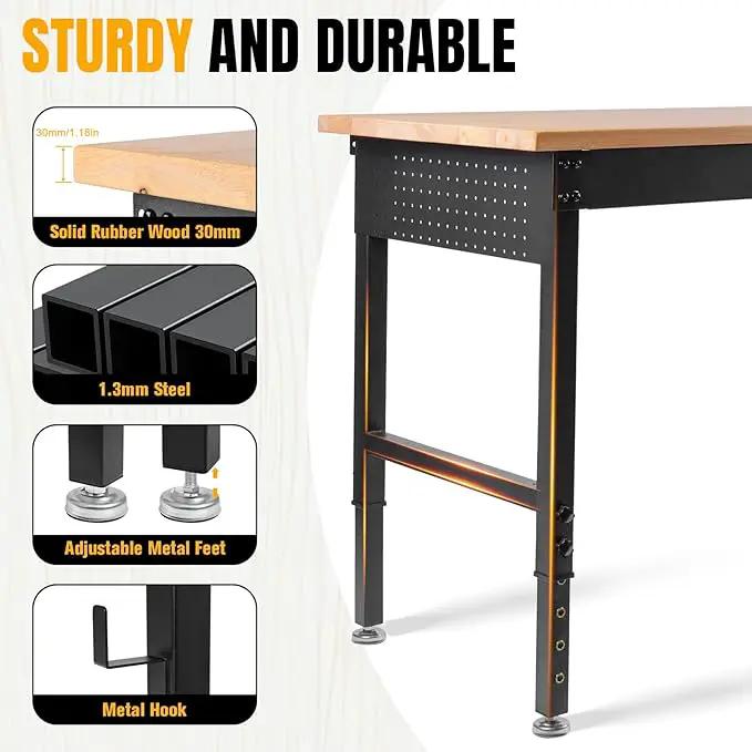 48" L×24”W Adjustable Workbench, 28”-40”Heights Heavy Duty Table 2000 LBS Load Capacity, Work Bench with Power Outlet & Pegboard, Rubber Wood Work Table for Garage, Office, Workshop, Home by GreenHaven Gardens