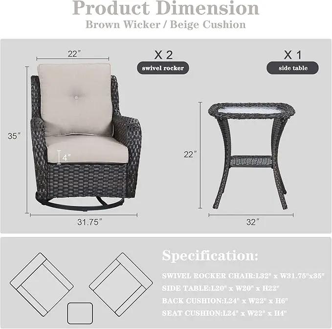Patio Furniture Set Swivel Rcoker - 3 Pieces Outdoor Glider Rocking Chairs with Small Side Table, Wicker Chair Sets for Porch, Balcony and Garden by GreenHaven Gardens