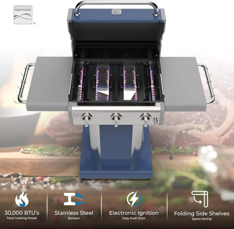 Kenmore 3-Burner Propane BBQ Grill, 30,000 BTUs Gas Grill with Cast Iron Cooking Grates, Folding Side Tables & Wheels, Outdoor Grill with Tool Hooks, Azure Blue by GreenHaven Gardens