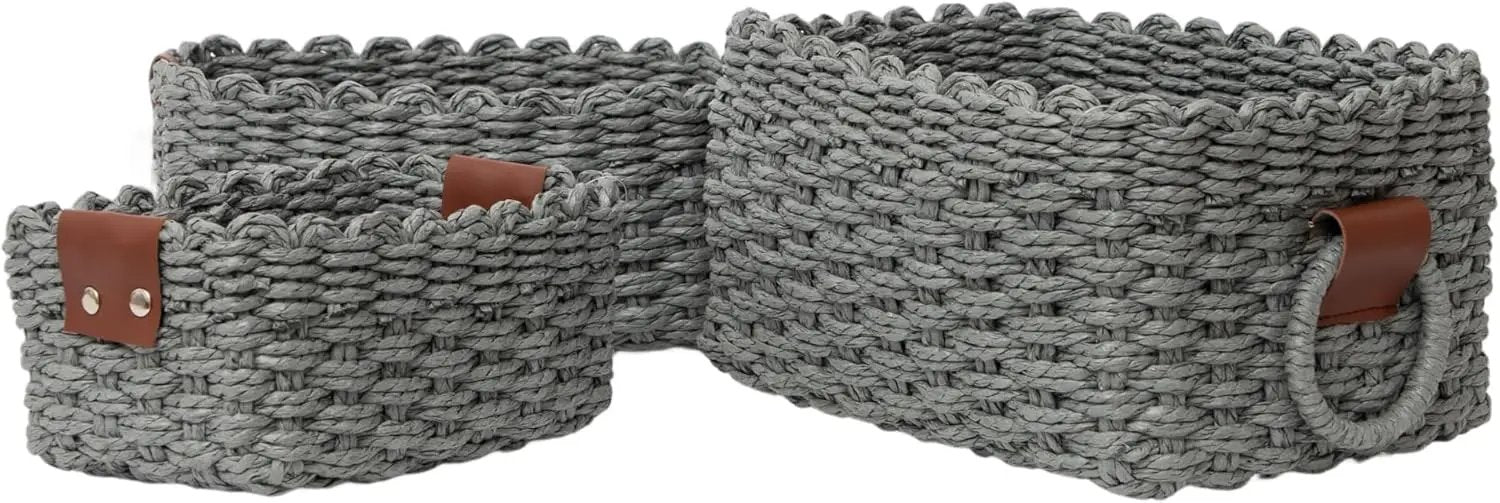Small baskets for Organizing,Cute woven Storage basket with recycled paper rope for Shelves Bathroom,Little decorative basket,Set of 3 (Dark Grey) by GreenHaven Gardens