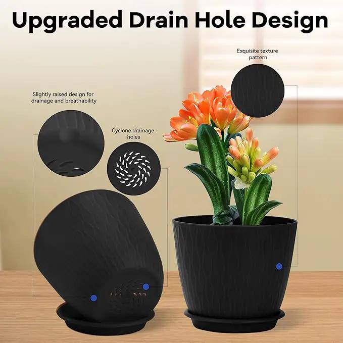 Plant Pots – 6 Inch Planters with Drainage Holes and Saucers, Flower Pots for Indoor and Outdoor Plants, Nursery Planting Pots (Pack of 5, Black) by GreenHaven Gardens