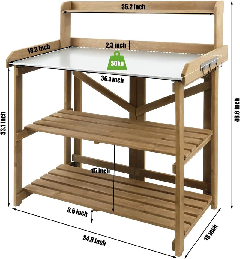 Folding Garden Potting Bench Table，Outdoor Wooden Work Station W/Metal Table Top,2 Tier Open Storage Rack,Top Shelf-Natural Stained by GreenHaven Gardens