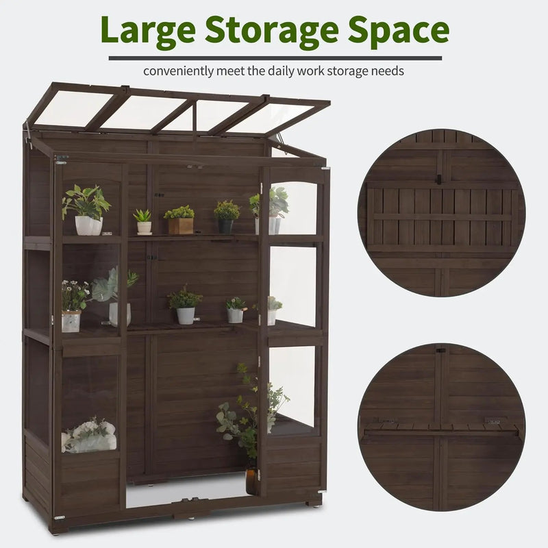 MCombo Wooden Greenhouse, Walk-in Outdoor Greenhouse with Openable Roof and Lockable Door, 0899 (Brown) by GreenHaven Gardens