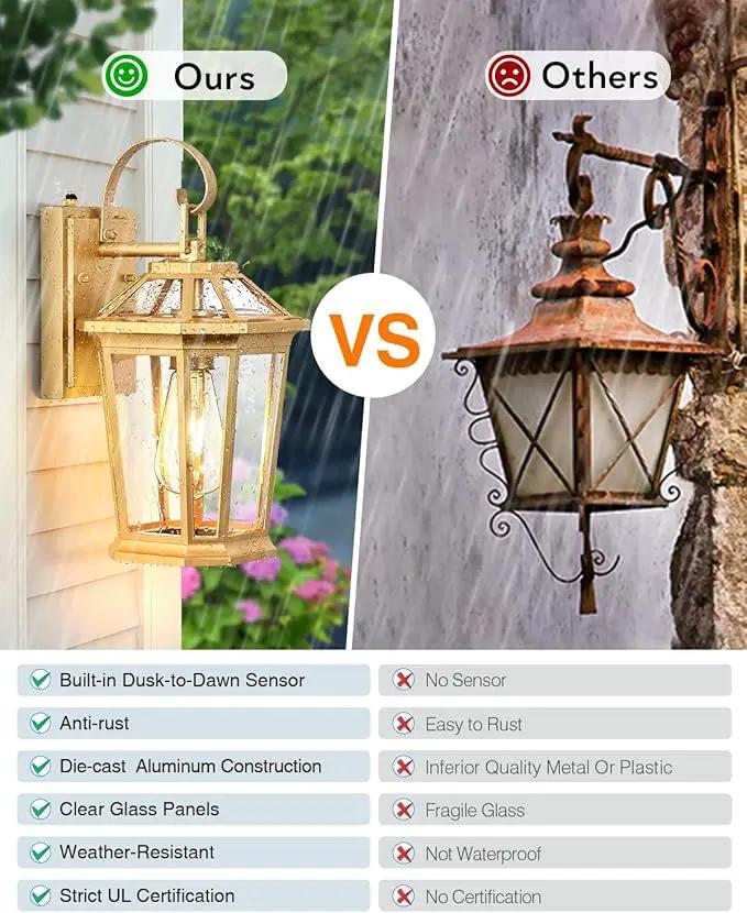 VIANIS Dusk to Dawn Outdoor Wall Lanterns, Modern Golden Exterior Lighting Fixtures Wall Mount Sconces, 100% Aluminum Waterproof Gold Porch Lights, Outside Coach Lantern for House Patio Garage, 2-Pack by GreenHaven Gardens