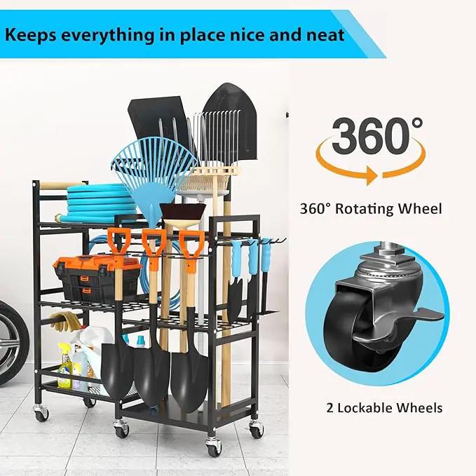 NADAMOO Garden Tool Organizer with Rolling Wheel, 3-tier Metal Shelf Yard Tool Holder, Utility Stand Rack for Garage Organization and Storage, Hold Long-Handled Rakes, Shovel, Broom by GreenHaven Gardens