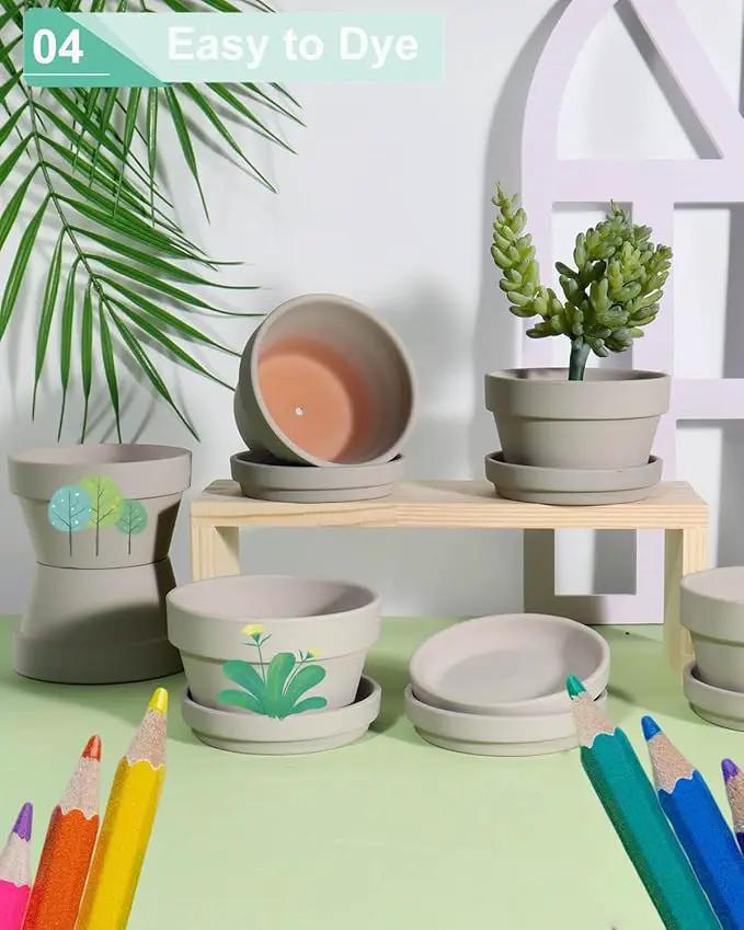 vensovo 4.5 Inch Grey Terracotta Shallow Succulent Pots - 6 Pack Terra Cotta Clay Pot with Saucer, Cacuts Indoor and Outdoor Planters with Drainage Hole by GreenHaven Gardens