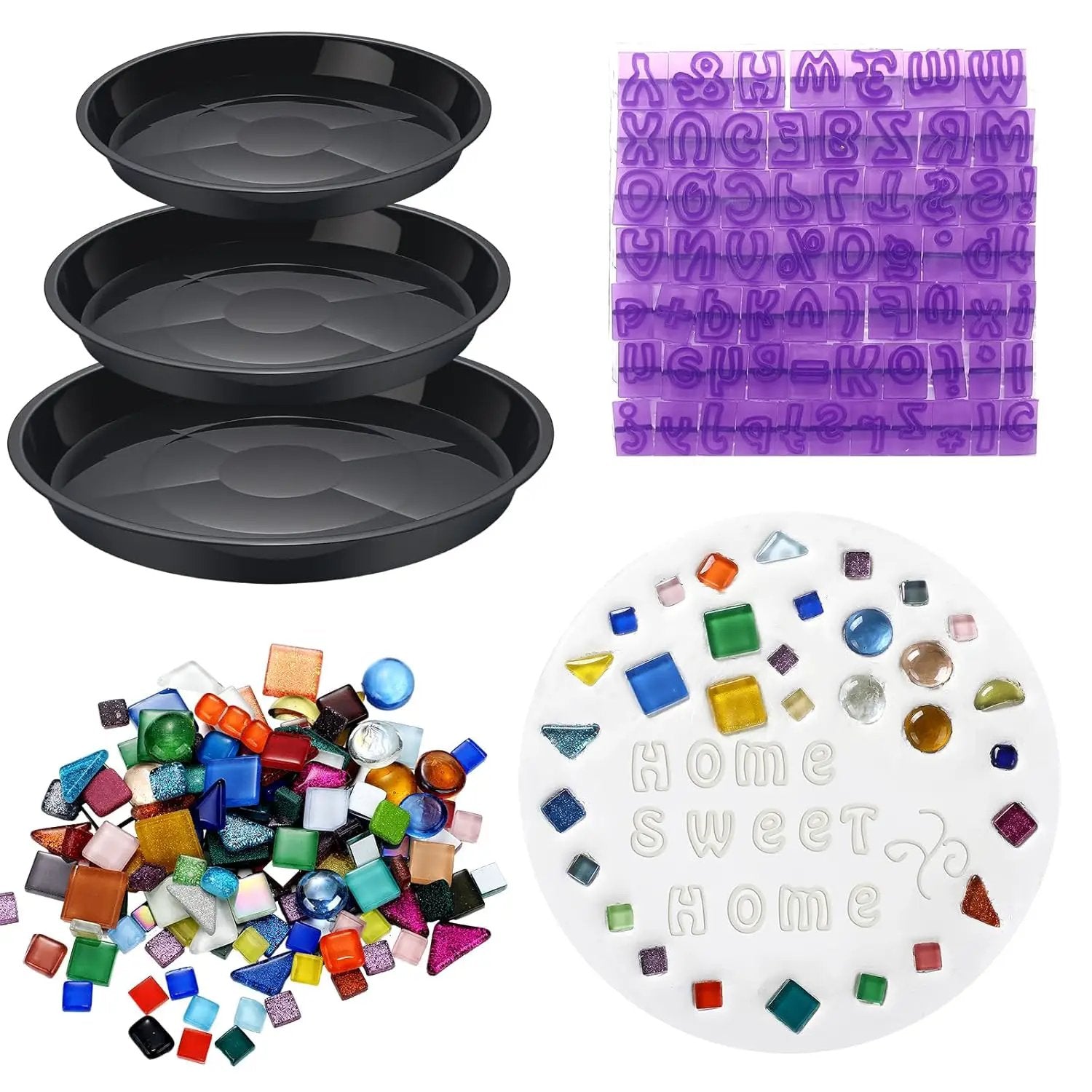 5 Pcs 3 Size Stepping Stone Kit for DIY Outdoor Garden Stepping Stone Includes Cement Molds Mosaic Tiles and Concrete Letter Stamps No Concrete Mix(Black) by GreenHaven Gardens