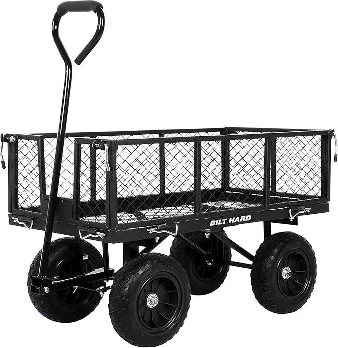 BILT HARD 10" Flat Free Tires Heavy Duty Garden Cart with 180° Rotating Handle and Removable Sides, 4 Cu.Ft 400 lbs Capacity Utility Steel Wagons for Outdoor by GreenHaven Gardens