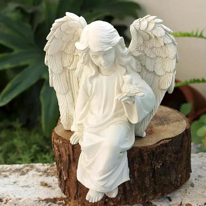 Angel Garden Statue, Sitting Angel Sculpture, Resin Angel with Bird Figurine for Patio Yard Porch Lawn Outdoor Decor Home Shelf Sitter Memorial Spiritual Gifts by GreenHaven Gardens