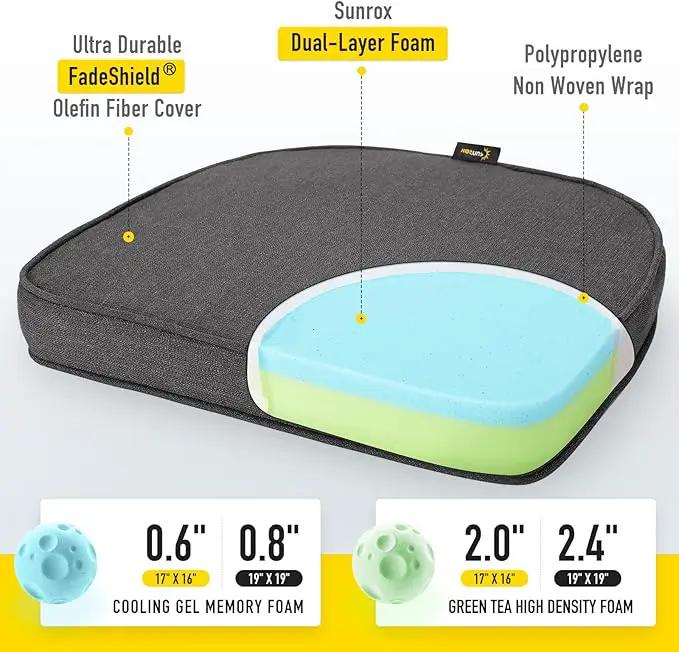 SUNROX Gel Memory Foam Chair Cushions, FadeShield Water-, Stain-Resistant Durable Reversible Seat Cushion Pads with Ties for Indoor/Outdoor Kitchen Dining Office, 19"x19", Set of 2, Midnight by GreenHaven Gardens