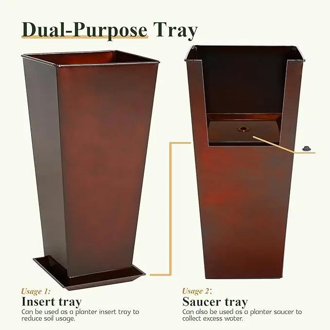 WORTH Garden Large Metal Glazed Planter Set of 2 (25" + 28"), Luxurious Glossy Finish Red Tall Square Tapered Steel Plant Pot, Decor Flower Pot Indoor & Outdoor, Drainage Hole & Dual-Purpose Saucer by GreenHaven Gardens