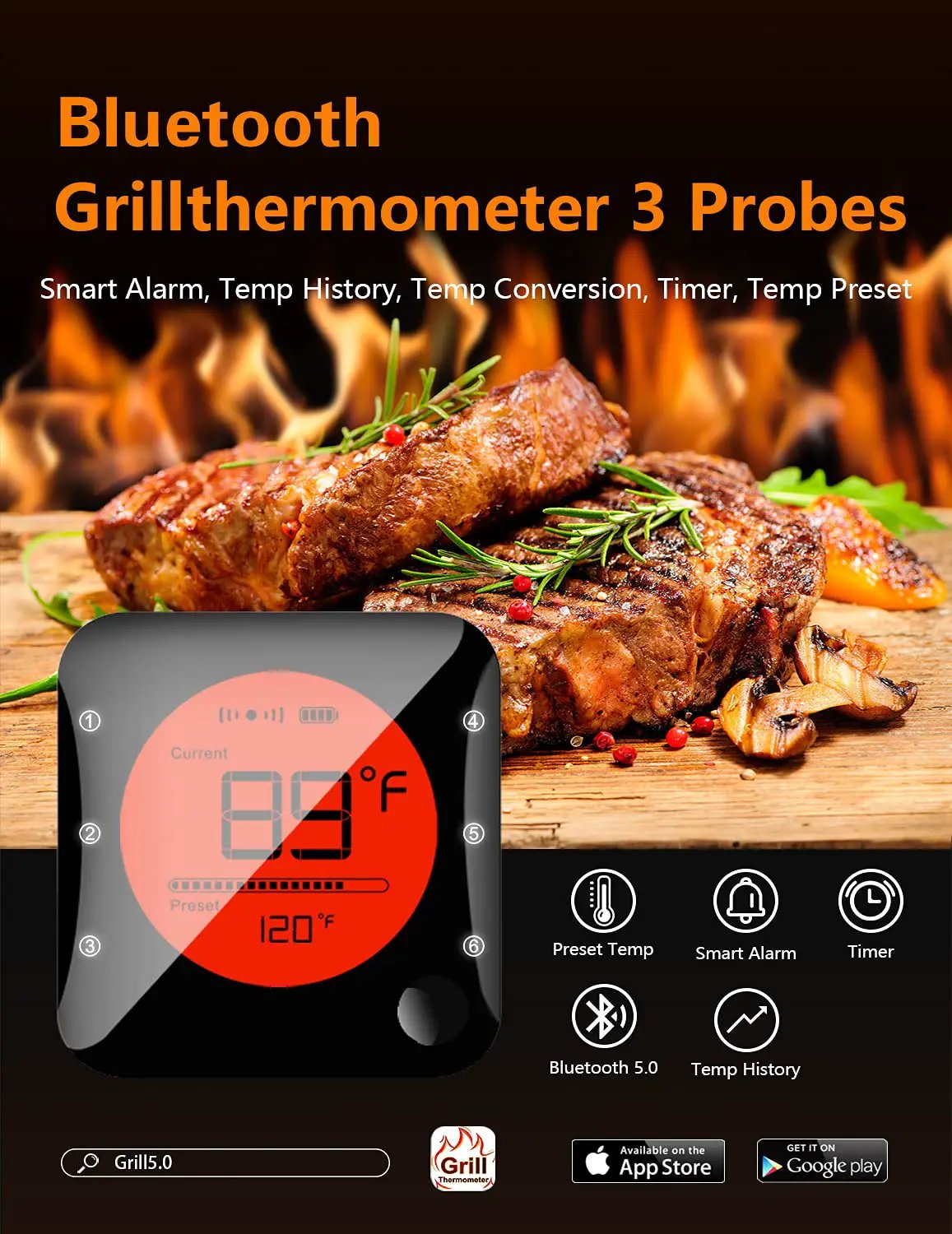 BFOUR Bluetooth Meat Thermometer Wireless Grill Thermometer with 3 Probes, Premium Digital Meat Thermometer Food Thermometer Timer Alarm for Smoker, Grill, Oven, Kitchen, Cooking, BBQ by GreenHaven Gardens
