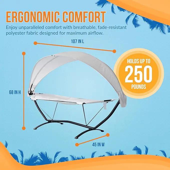 Island Retreat Sea Breeze Steel Frame Hammock Lounge Chair with Canopy - Luxury Shaded Hammock with Stand for Outside - Boho Style Beach Chair with Adjustable & Removeable Canopy - Black & Champagne by GreenHaven Gardens