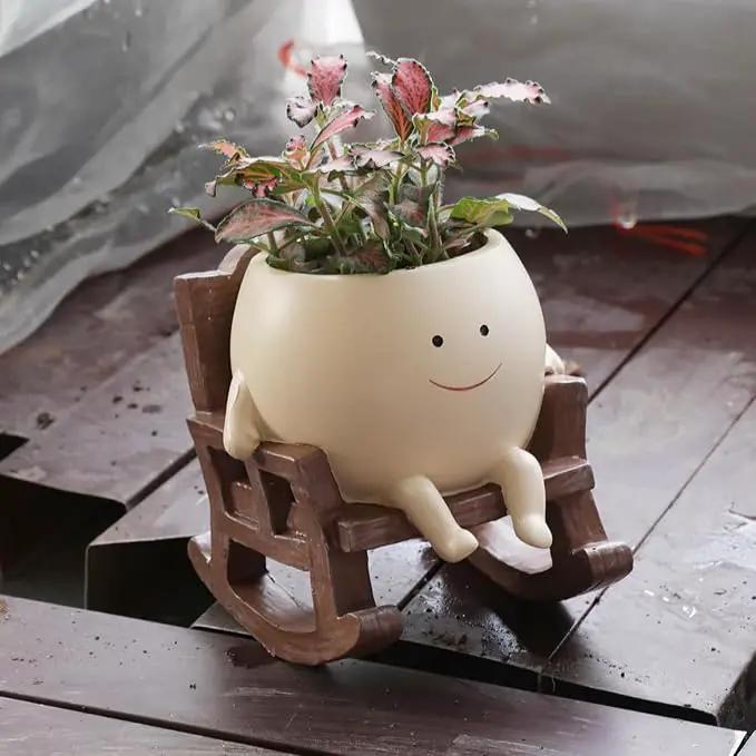 Smily Face Planter Pot Cute Resin Flower Head Planters for Indoor Outdoor Unique Sit Rocking Chair Succulent Pots Gift IdeaI for Mother and Appreciation Christmas with Drainage Hole by GreenHaven Gardens