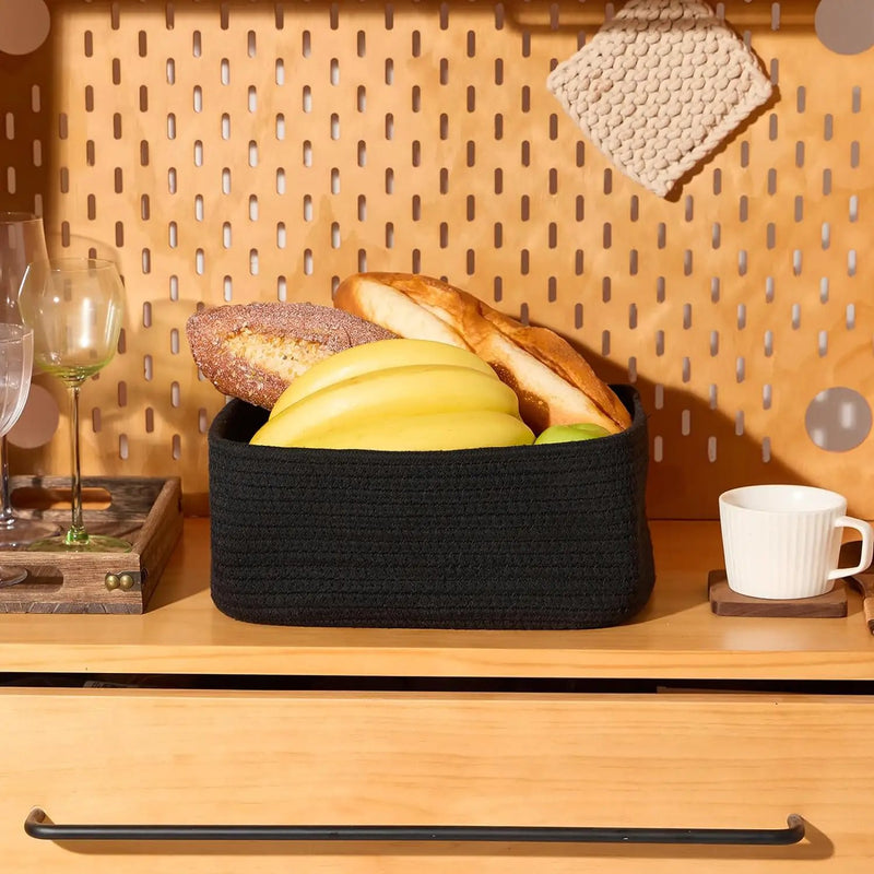 Small Storage Baskets for Organizing | Closet Organizer Bins | Shelf Toy Basket | Woven Rope Baskets | Cube Decorative Box | Shallow Basket | 11.5x7.5x4.7” | 4 Packs Black by GreenHaven Gardens
