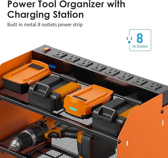 CCCEI Set Power Tool Organizer Wall Mount with Charging Station. Garage 4 Drill Storage Shelf with Hooks, Heavy Duty Metal Tool Battery Charger Organizer. Shop Utility Rack with Power Strip Orange. by GreenHaven Gardens