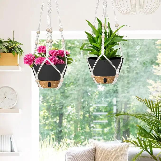 ZMTECH 2 Pack 10 Inch Hanging Planters with Macrame Plant Hanger for Indoor and Outdoor Plants, Self Watering, Drainage Hole, Visible Level Tray, Gray by GreenHaven Gardens