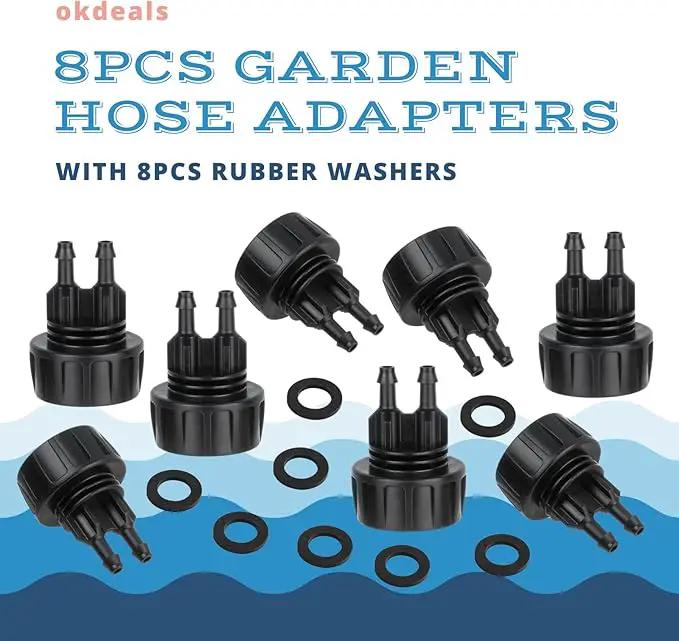 8pcs Garden Hose Adapters, 3/4'' Faucet Convert to 1/4'' Drip Irrigation Tubing, Drip Irrigation Hose Connectors for Outdoor Watering, Fittings with 8pcs Rubber Washers (2 Barbs) by GreenHaven Gardens