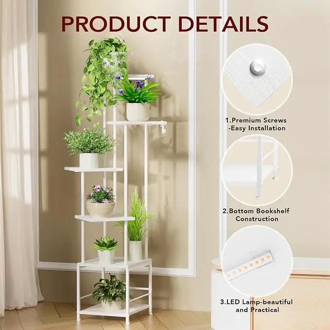 Plant Stand Indoor with Grow Light, 6-Tiered Tall Plant Stand Indoor, Metal Plant Shelf with Hanging Basket Hook and Adjustable Light, Ideal for Living Room, Garden, Patio white by GreenHaven Gardens