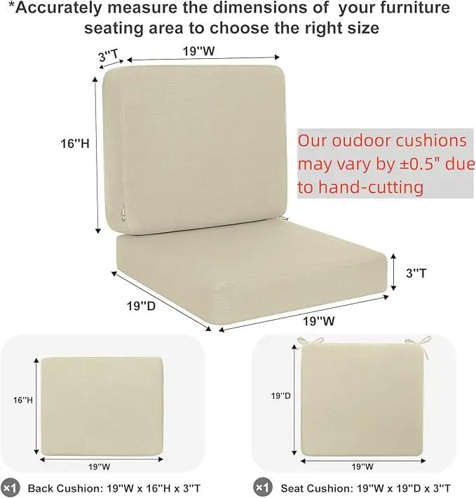 Favoyard Outdoor Deep Seat Cushion Set, 19 x 19 Inch Rainproof & 3-Year Fade Resistant Patio Furniture Cushions, Removable Seat Bottom & Back Cushion Covers with Ties for Chair, Sofa, Couch, Beige by GreenHaven Gardens