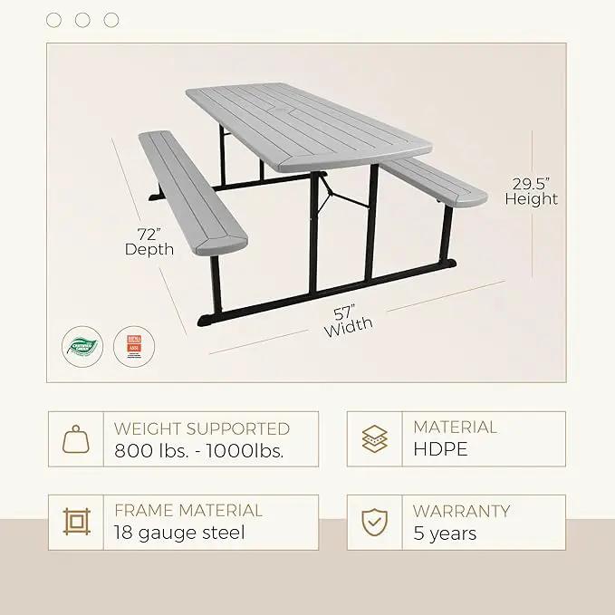 OEF Furnishings Heavy Duty Blow Molded Folding Picnic Table- Light Speckled Grey, Black Frame by GreenHaven Gardens