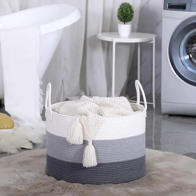 KAKAMAY Large Blanket Basket (20"x13"),Woven Baskets for storage Baby Laundry Hamper,Cotton Rope Blanket Basket for Living Room, Laundry, Nursery, Pillows, Baby Toy chest with Handles (White/Grey) by GreenHaven Gardens